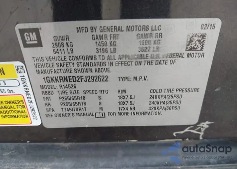 2015 GMC Acadia Sle-1 z USA, uszkodzony, nr VIN 1GKKRNED2FJ292622